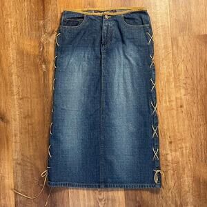 Denim midi skirt with suede